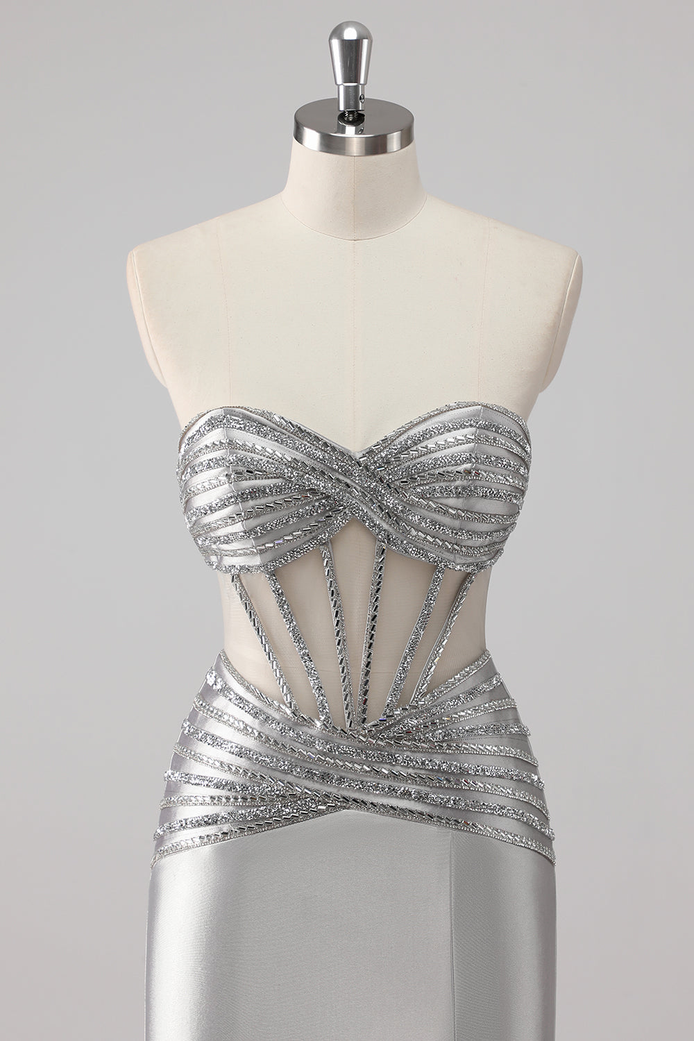 Grey Strapless Satin Mermaid Beaded Long Prom Dress with Slit