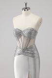 Grey Strapless Satin Mermaid Beaded Long Prom Dress with Slit