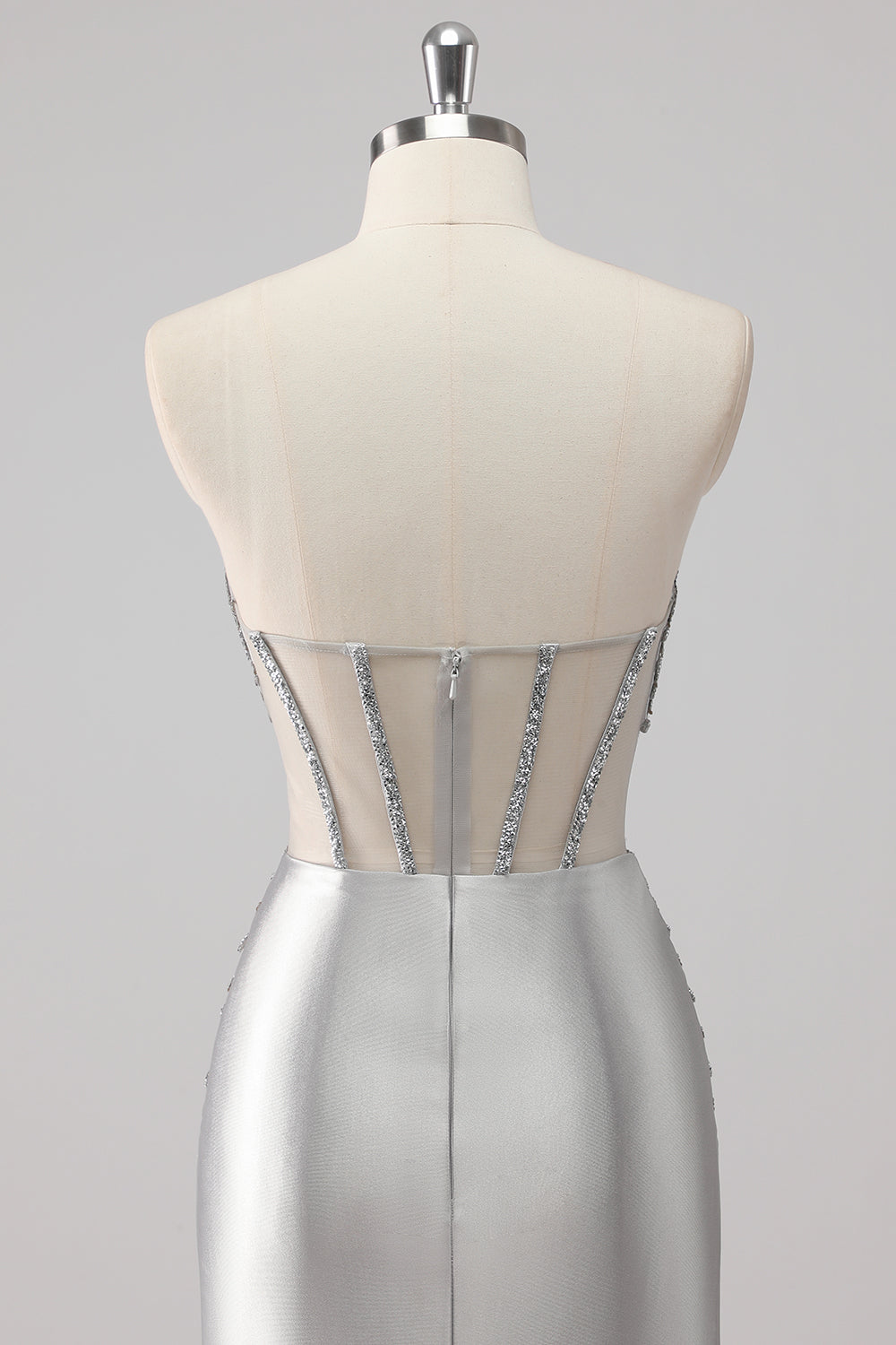 Grey Strapless Satin Mermaid Beaded Long Prom Dress with Slit