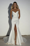 Strapless Ivory Satin Mermaid Long Wedding Dress with Slit