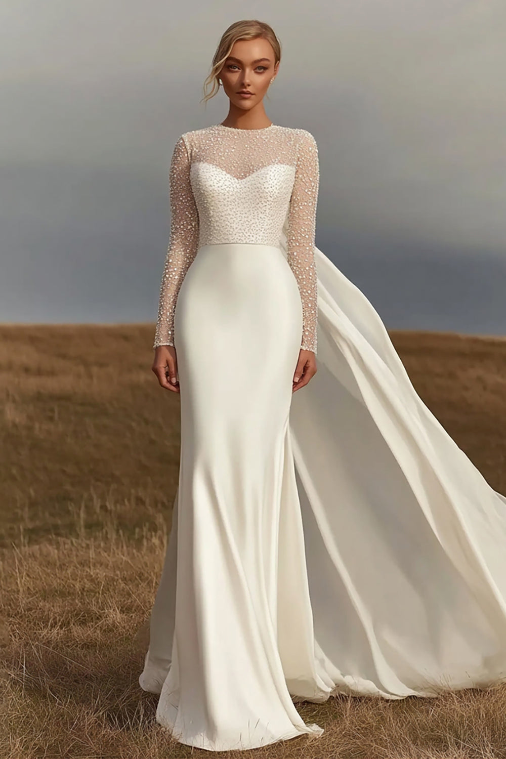 Ivory Sheath Satin Round Neck Long Sleeve Wedding Dress with Streamer