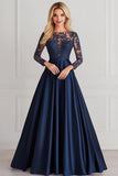 Navy A-Line Long Sleeve Lace Top Satin Mother of the Bride Dress
