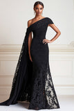 Black Mermaid One Shoulder Lace Long Formal Dress with Side Shoulder Cape