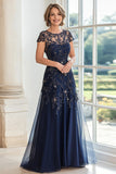 A Line Navy Cap Sleeve Lace Mother of the Bride Dress