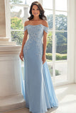 Off the Shoulder Sky Blue A Line Appliqued Mother of the Bride