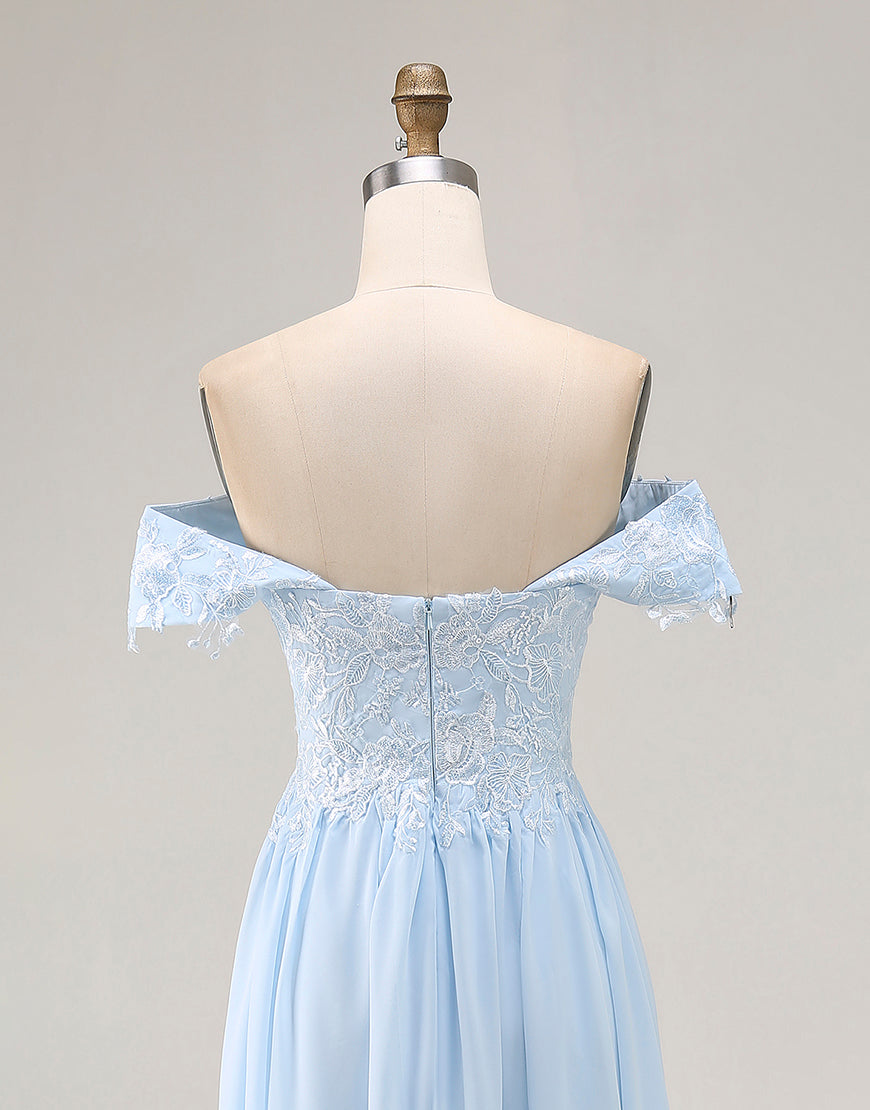 Off the Shoulder Sky Blue A Line Appliqued Mother of the Bride