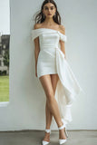 White Satin Sheath Off the Shoulder Mini Graduation Dress with Streamer