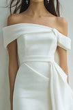 White Satin Sheath Off the Shoulder Mini Graduation Dress with Streamer