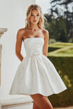 Strapless White A-Line Satin Mini Graduation Dress