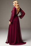 Burgundy V Neck Long Sleeve Chiffon Mother Of The Bride Dress