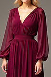 Burgundy V Neck Long Sleeve Chiffon Mother Of The Bride Dress