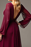 Burgundy V Neck Long Sleeve Chiffon Mother Of The Bride Dress