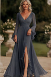 Dark Grey A Line Wrap Long Sleeves Ruffled Chiffon Mother of the Bride Dress