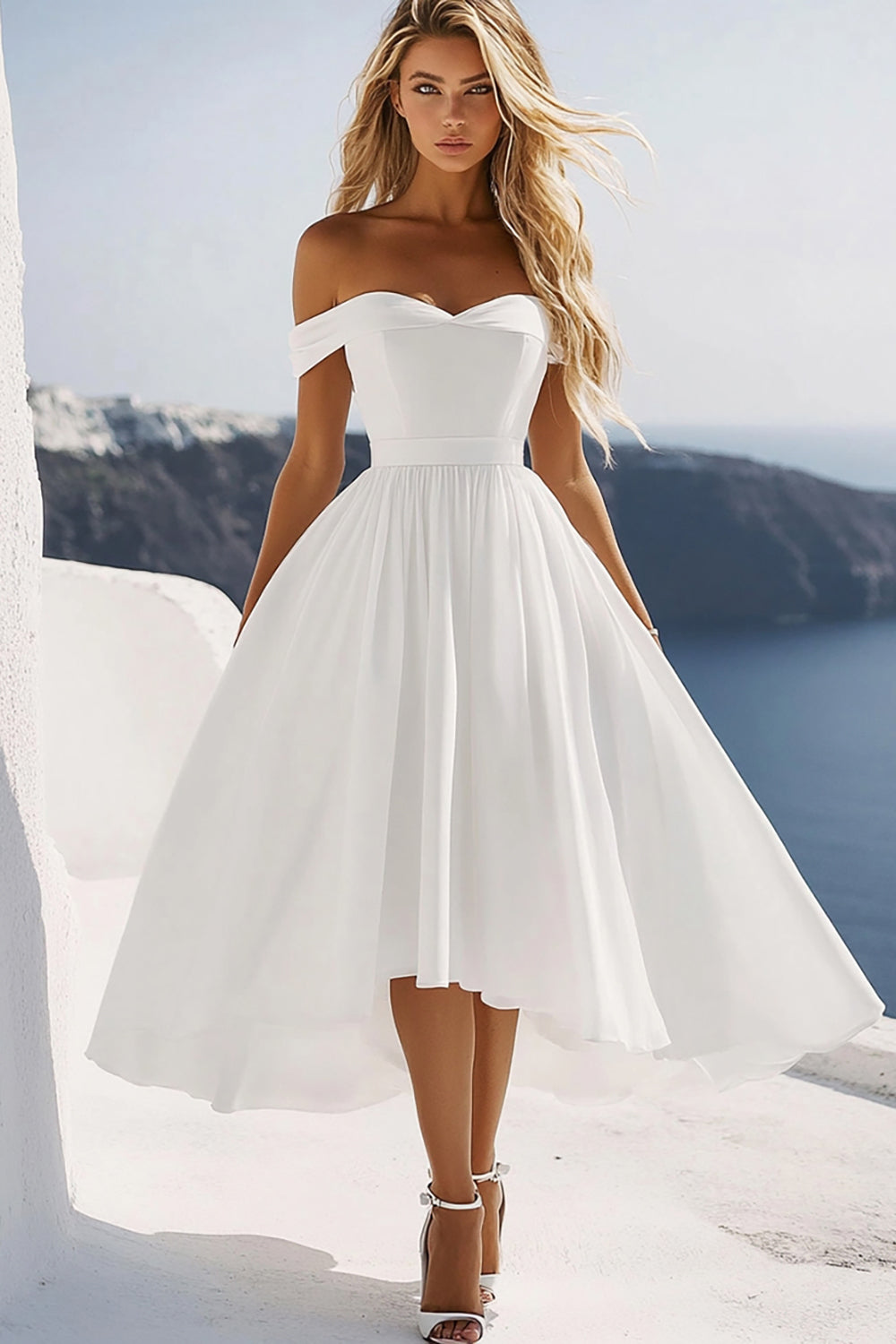 White Off the Shoulder A Line Graduation Dress