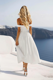 White Off the Shoulder A Line Graduation Dress