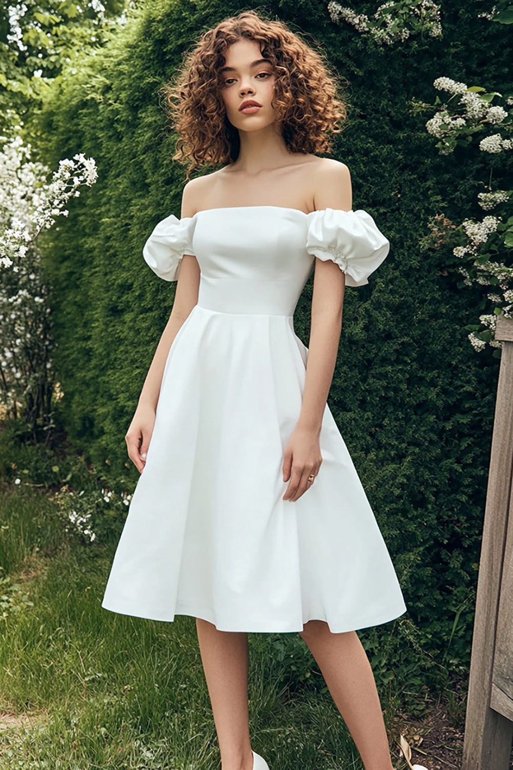 Elegant A-Line Off the Shoulder Puff Sleeves White Graduation Dress