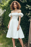 Elegant A-Line Off the Shoulder Puff Sleeves White Graduation Dress
