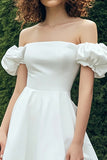 Elegant A-Line Off the Shoulder Puff Sleeves White Graduation Dress
