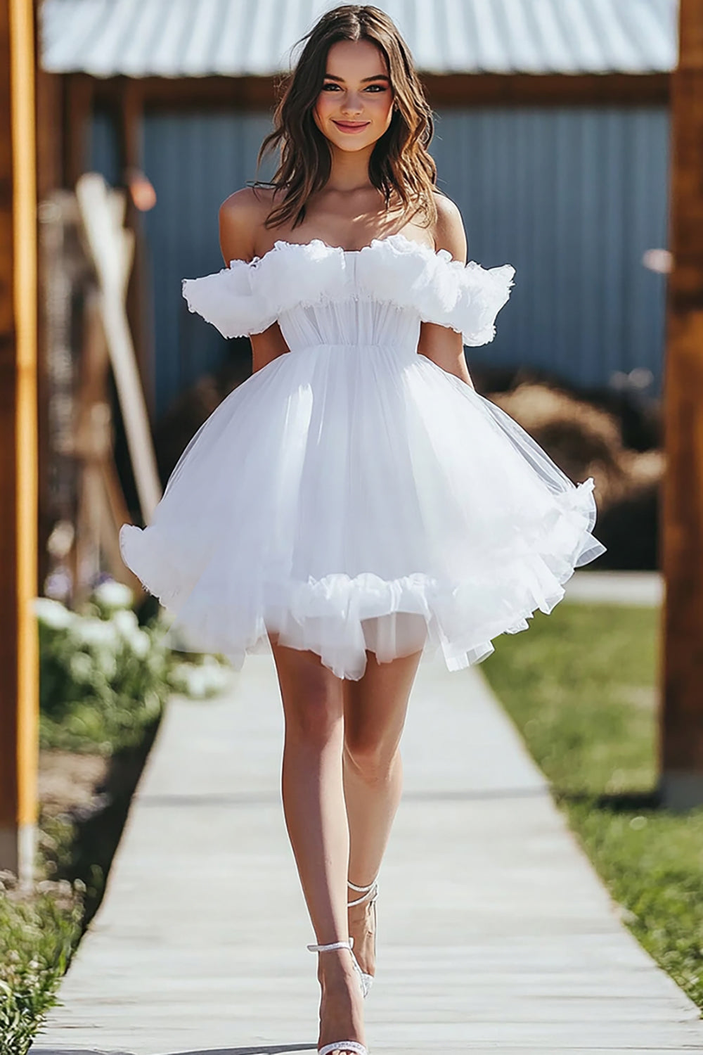 Flirty White Off the Shoulder Ruffled A Line Tulle Short Bridal Dress