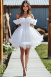 Flirty White Off the Shoulder Ruffled A Line Tulle Short Bridal Dress