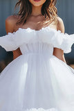 Flirty White Off the Shoulder Ruffled A Line Tulle Short Bridal Dress
