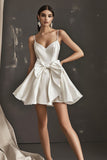 White A Line Spaghetti Straps Satin Graduation Dress With Bows
