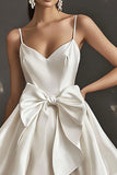 White A Line Spaghetti Straps Satin Graduation Dress With Bows