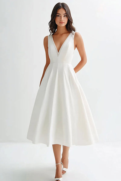 dresses for graduation uk Wedtrend Women White Graduation Dress Sleeveless A Line V Neck Long Party  Dress – Wedtrend UK