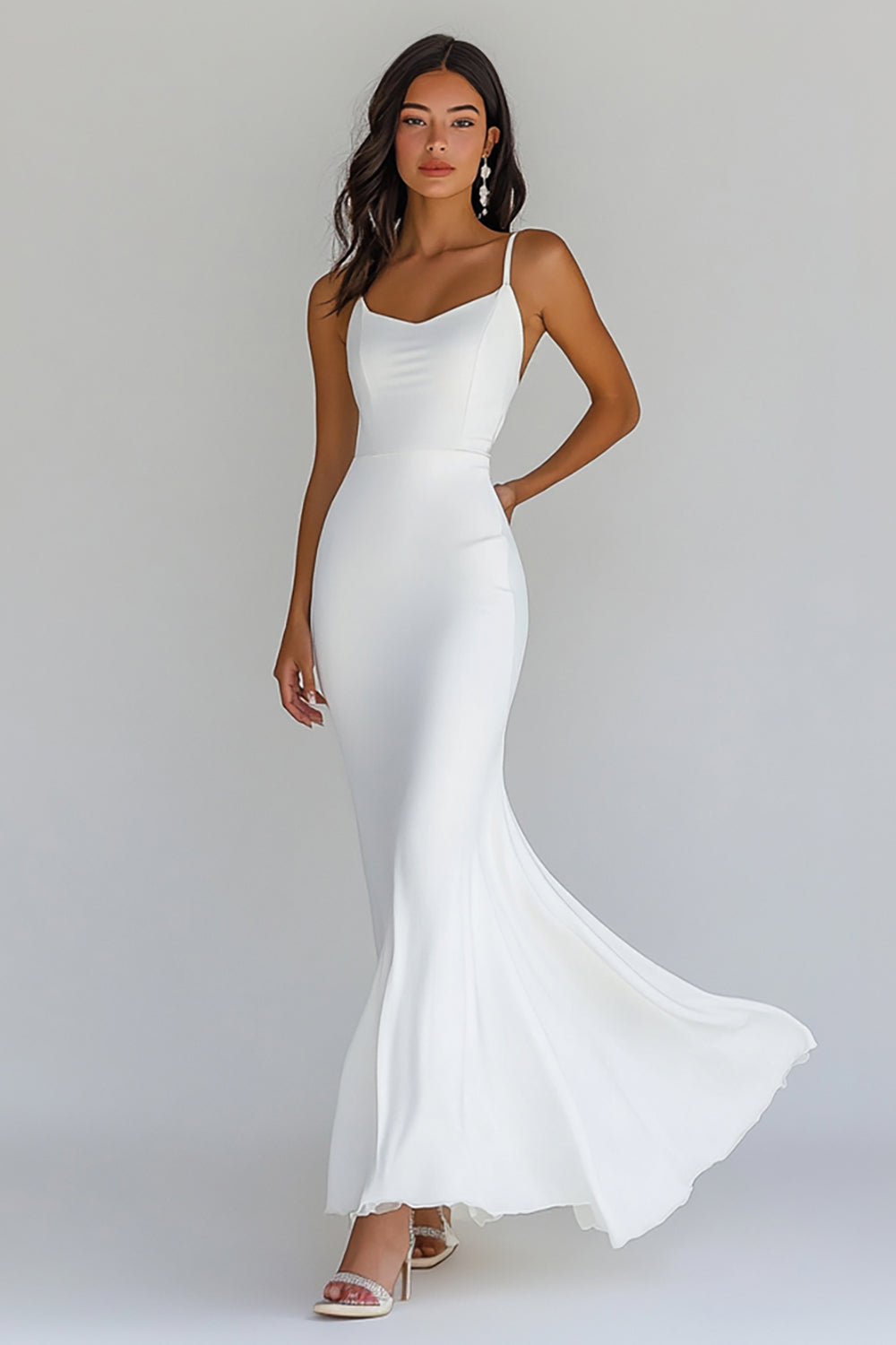 Spaghetti Straps White Sheath Long Wedding Dress
