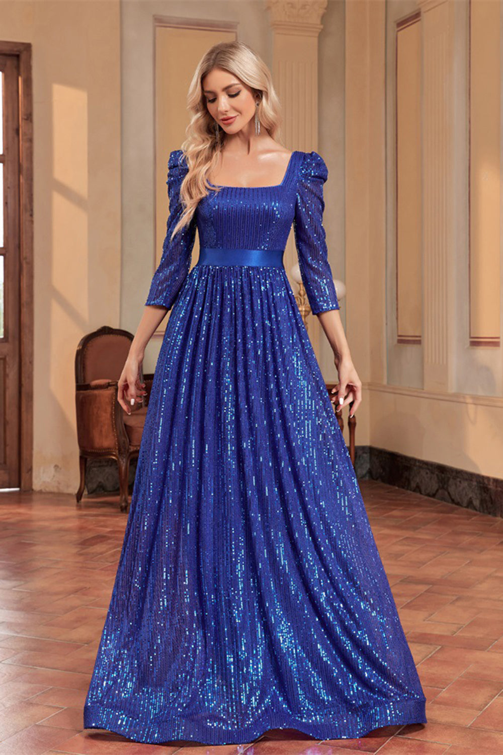 Royal Blue A Line Sequin Square Neck Long Mother Of The Bride Dress