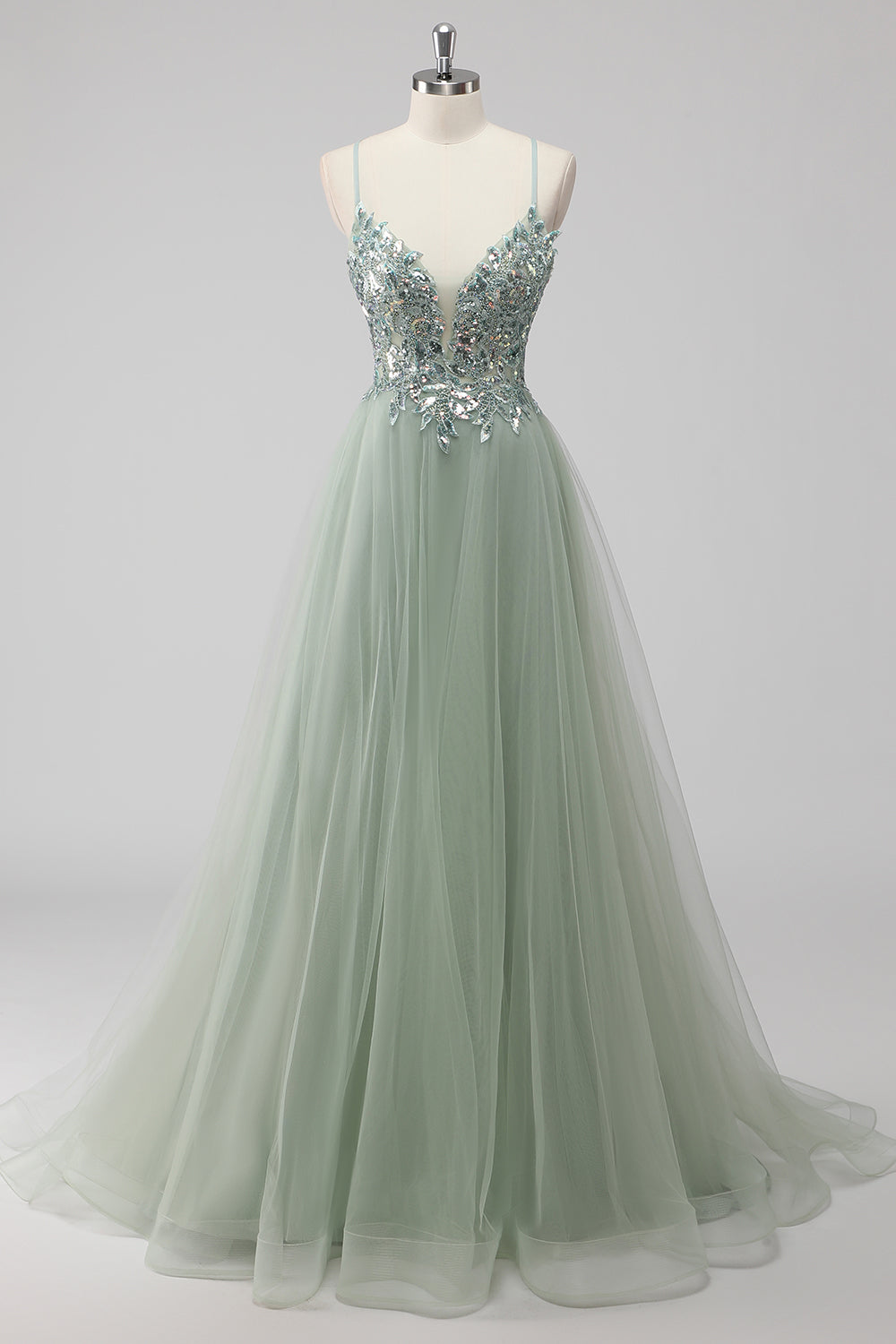 Green Tulle A Line Sequins Long Prom Dress with Lace up Back