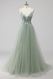 Green Tulle A Line Sequins Long Prom Dress with Lace up Back