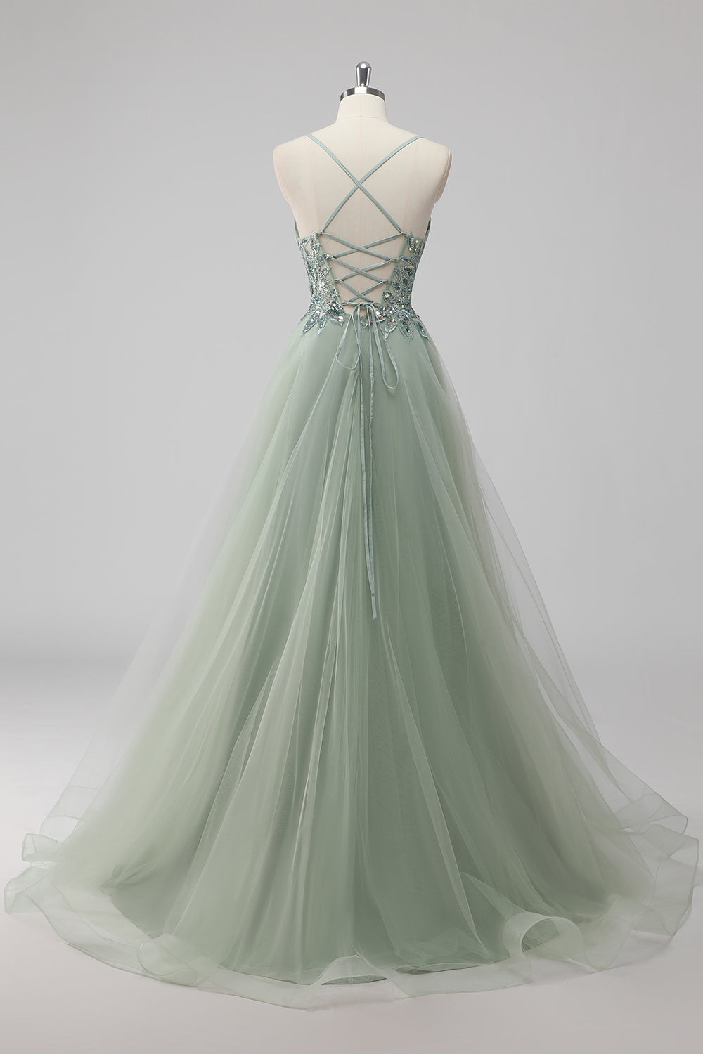 Green Tulle A Line Sequins Long Prom Dress with Lace up Back