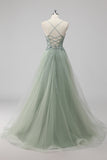 Green Tulle A Line Sequins Long Prom Dress with Lace up Back