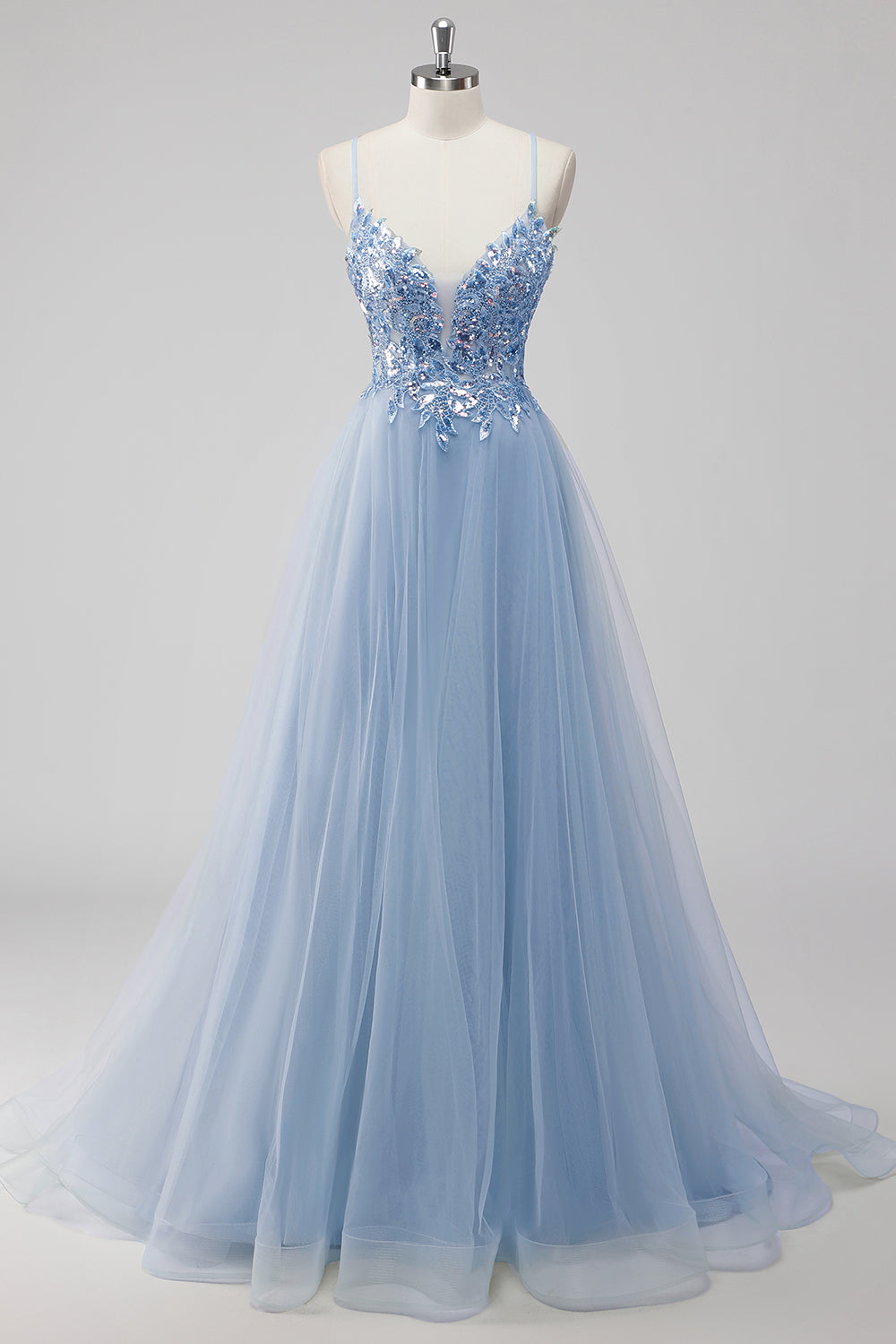 Green Tulle A Line Sequins Long Prom Dress with Lace up Back