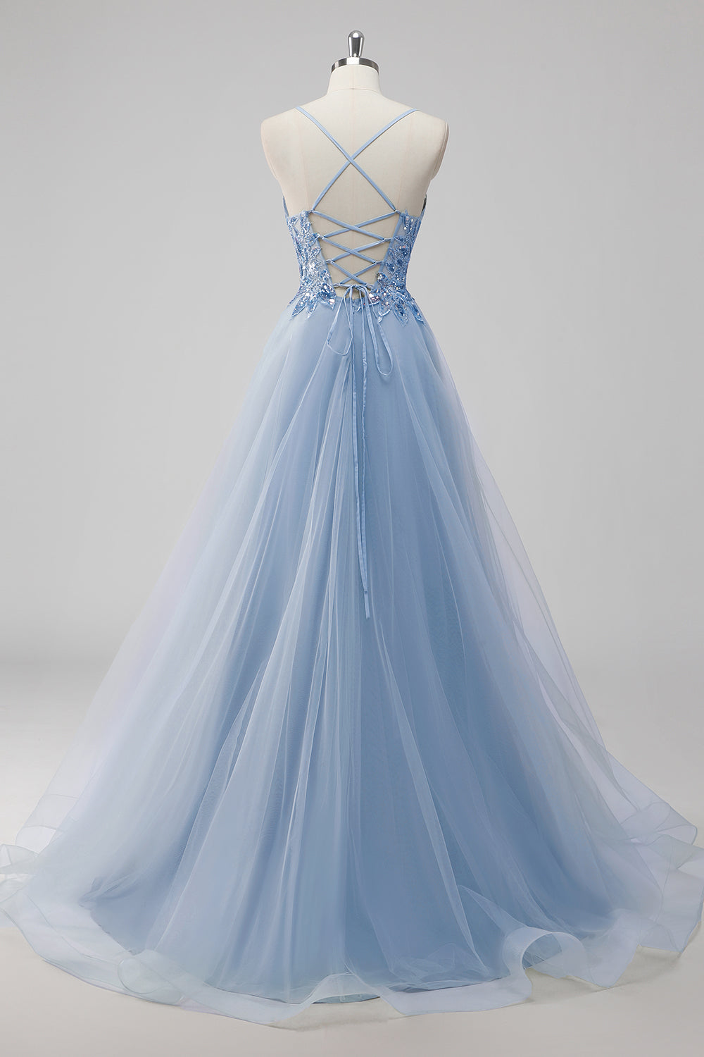 Green Tulle A Line Sequins Long Prom Dress with Lace up Back