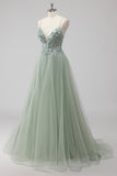 Green Tulle A Line Sequins Long Prom Dress with Lace up Back