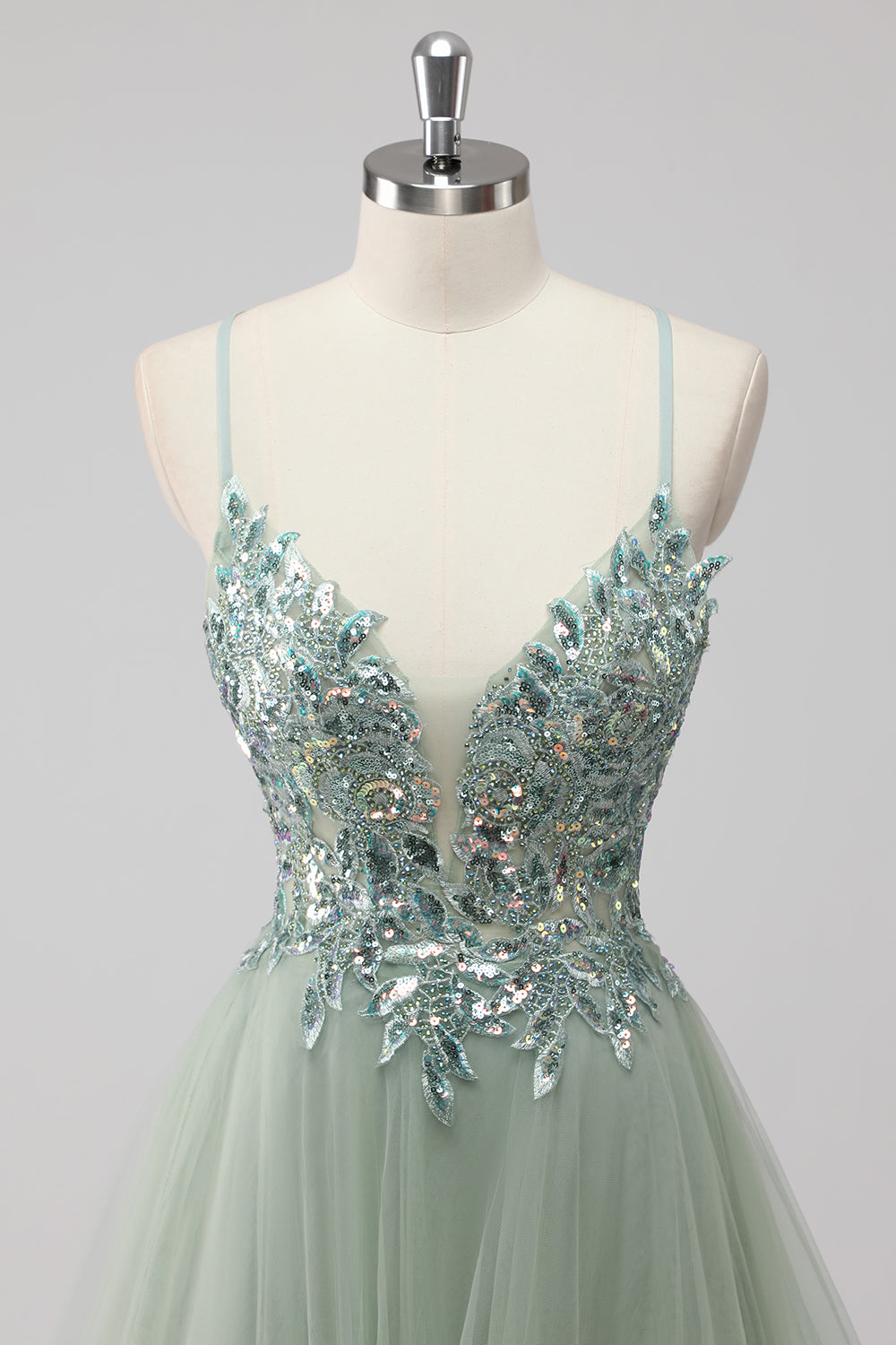 Green Tulle A Line Sequins Long Prom Dress with Lace up Back