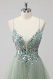 Green Tulle A Line Sequins Long Prom Dress with Lace up Back