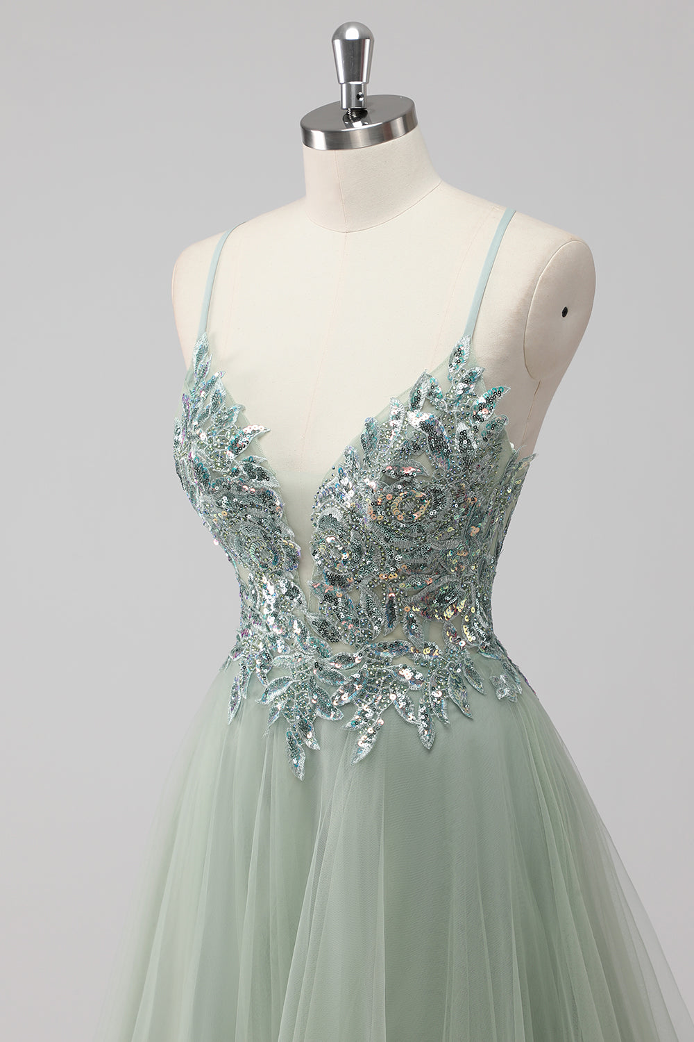 Green Tulle A Line Sequins Long Prom Dress with Lace up Back