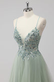 Green Tulle A Line Sequins Long Prom Dress with Lace up Back