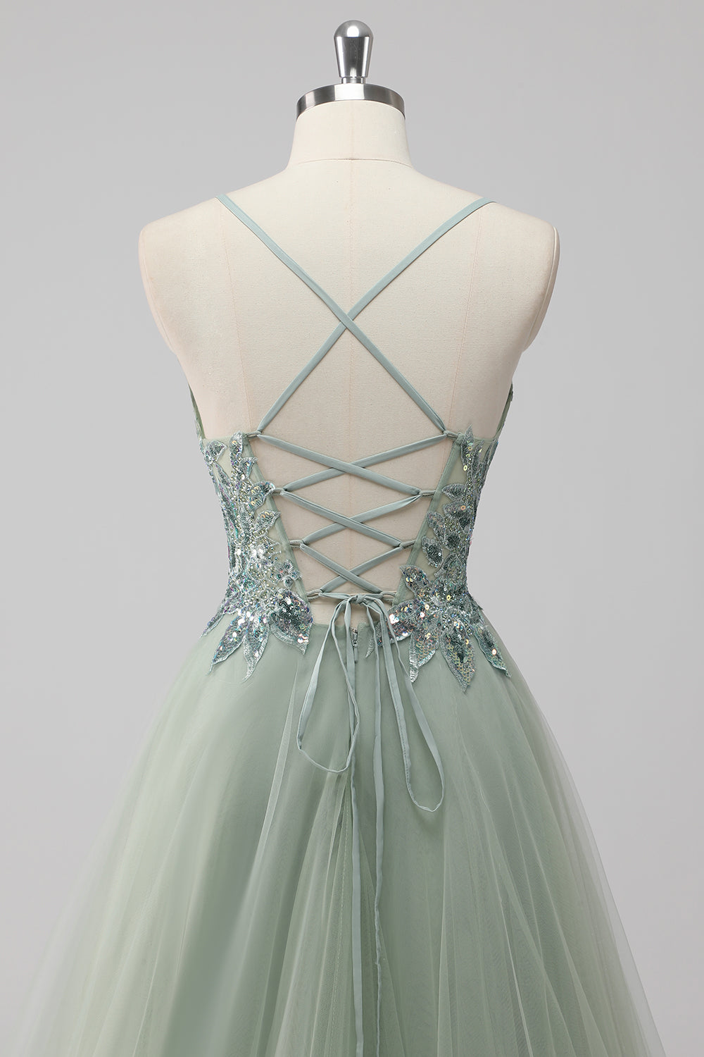 Green Tulle A Line Sequins Long Prom Dress with Lace up Back
