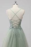 Green Tulle A Line Sequins Long Prom Dress with Lace up Back