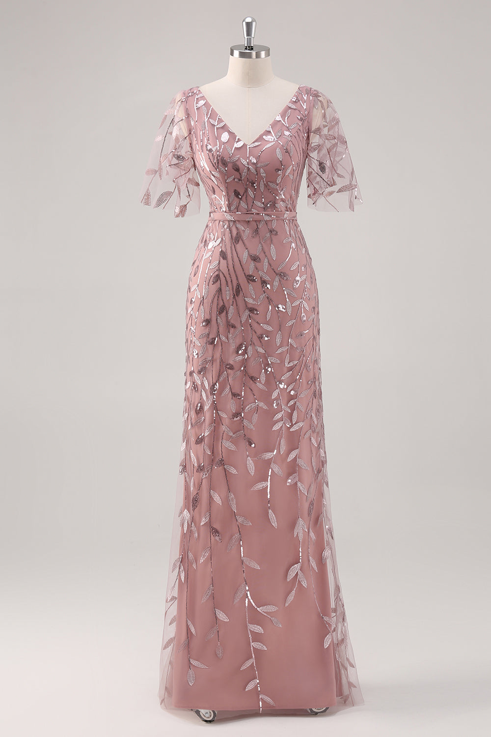 Dusty Rose V Neck Sheath Sequin Mother of the Bride Dress with Short Sleeves