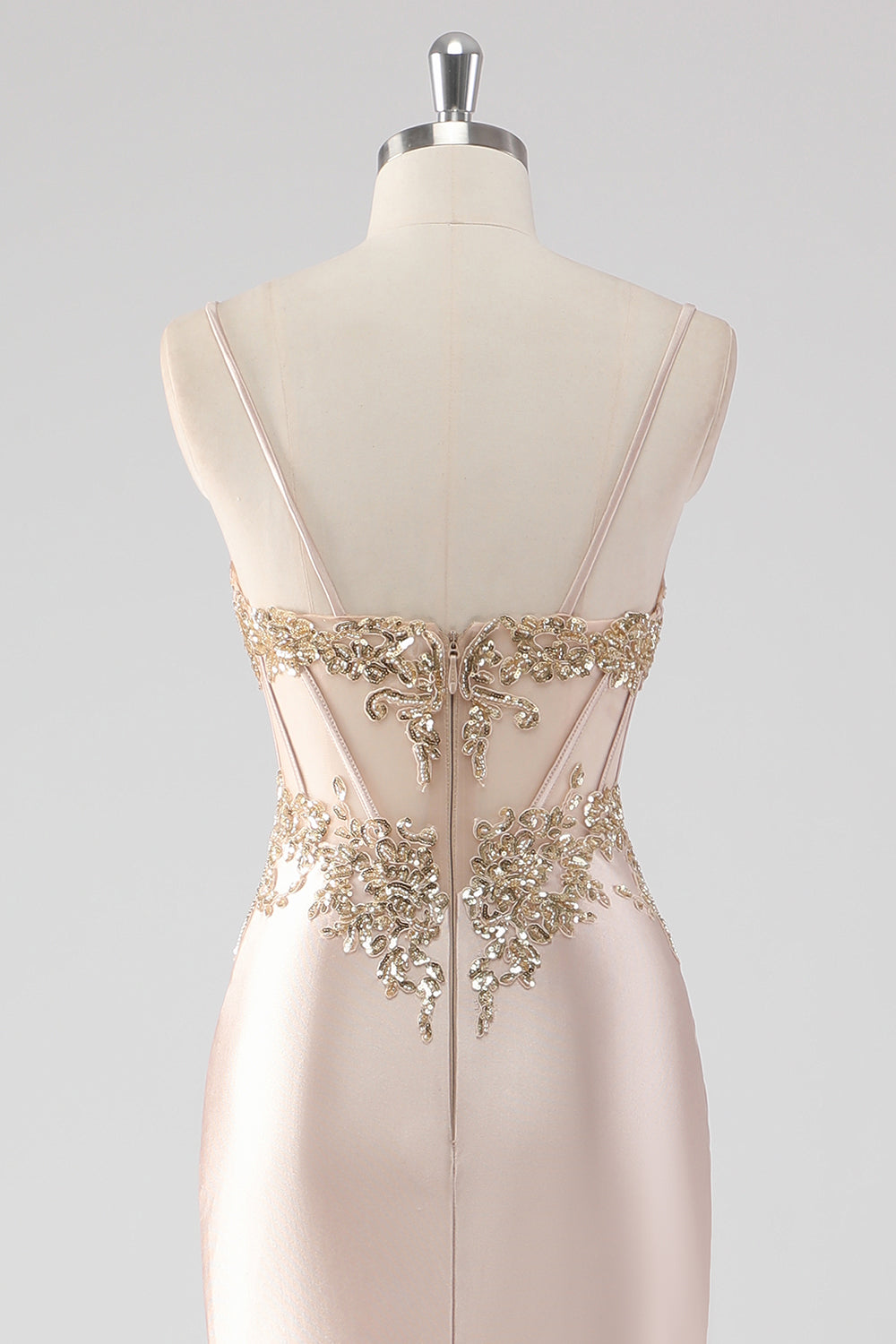 Sparkly Champagne Corset Appliques Prom Dress with Slit