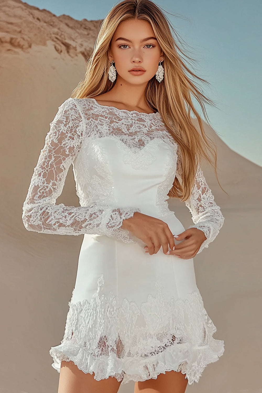 White Boat Neck Long Sleeves Short Graduation Dress with Lace