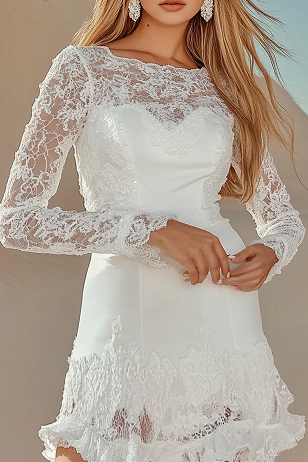 White Boat Neck Long Sleeves Short Graduation Dress with Lace