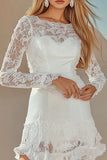 White Boat Neck Long Sleeves Short Graduation Dress with Lace
