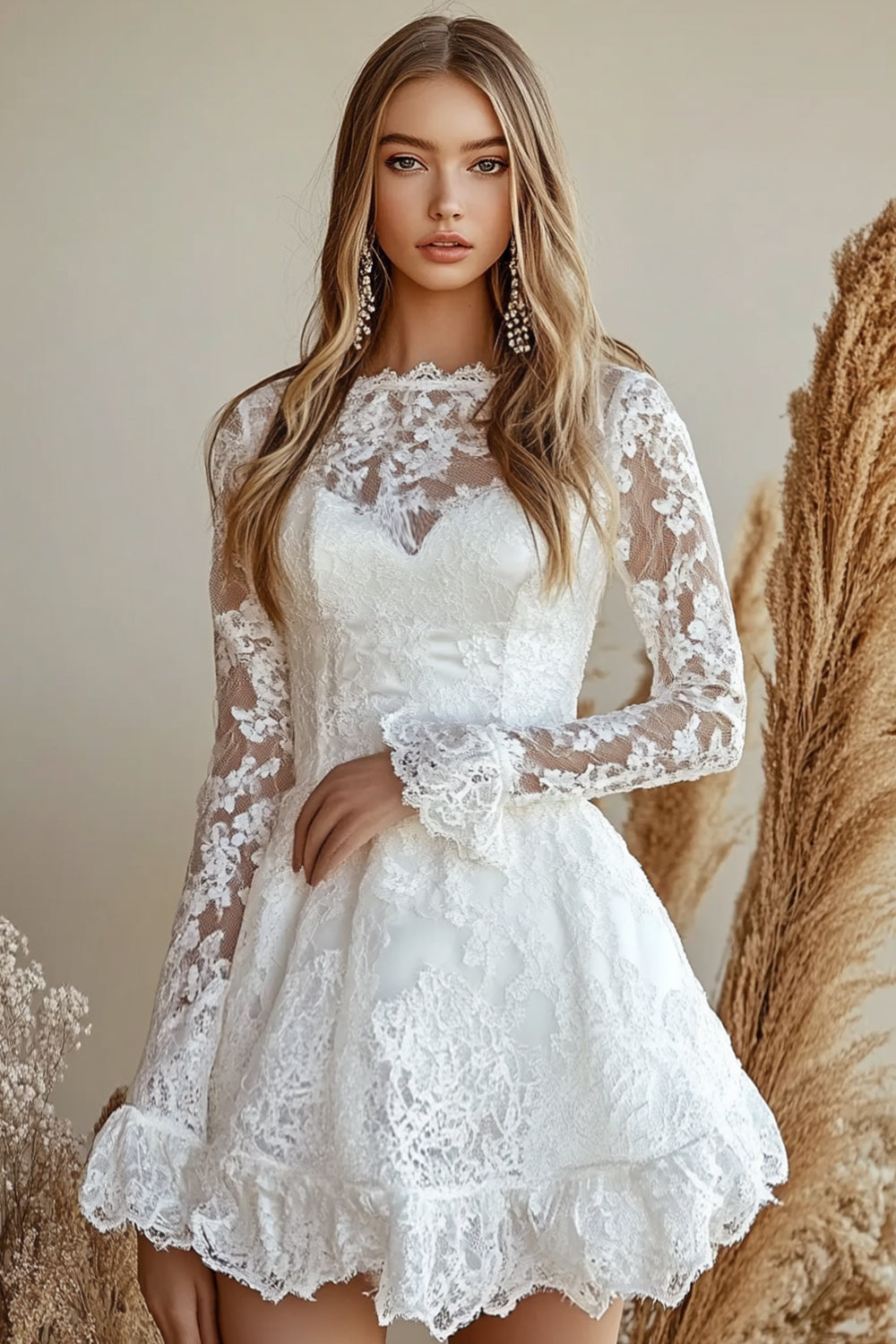 White A Line Short Lace Graduation Dress with Long Sleeves