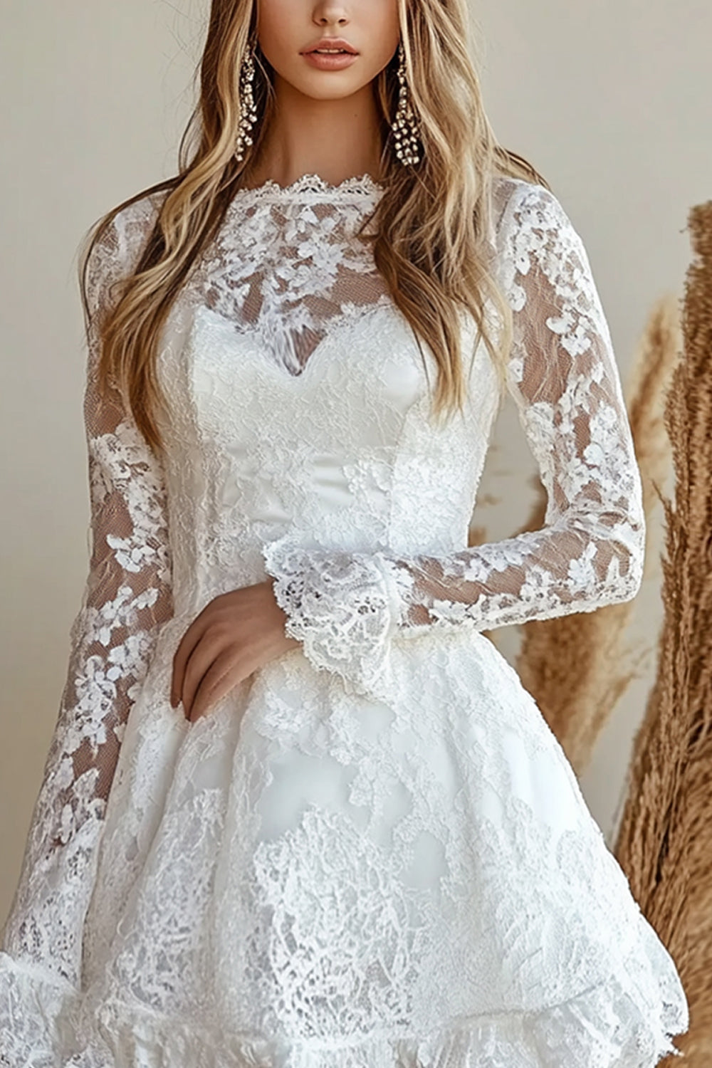 White A Line Short Lace Graduation Dress with Long Sleeves